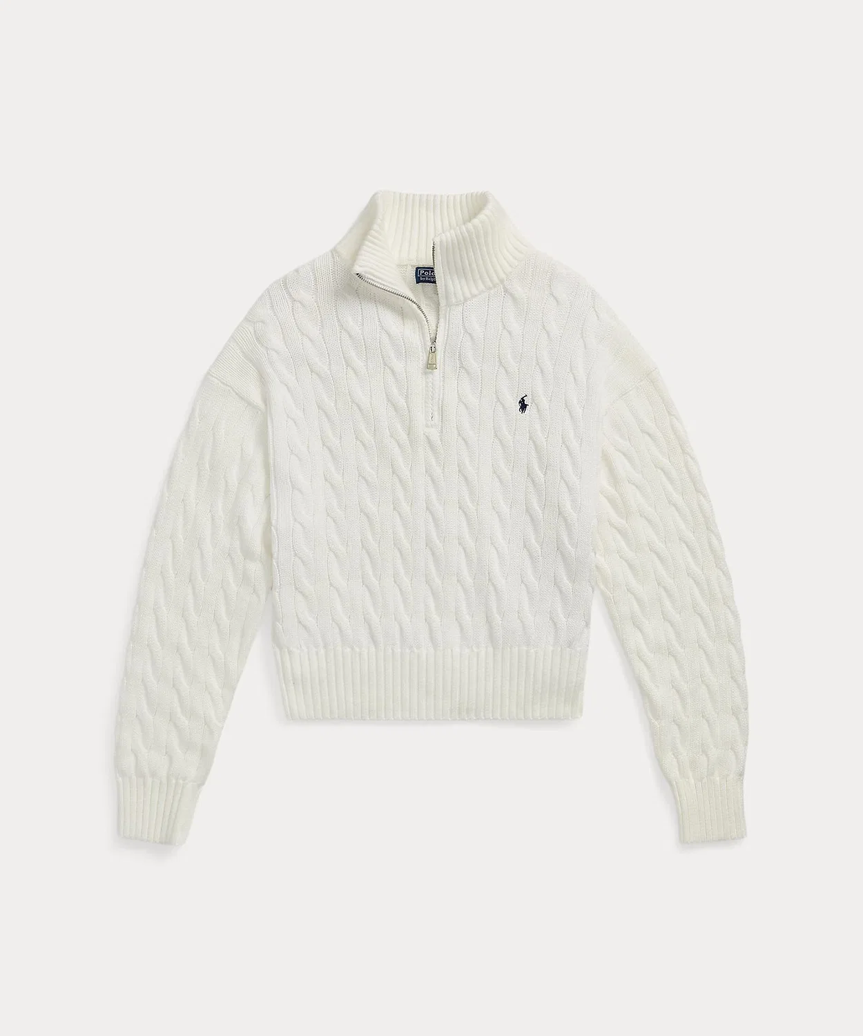 Свитер с четвертной молнией, кейбл-нить, хлопок, Ralph Lauren, белый — фото 2