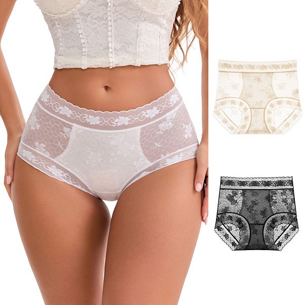 

Женские трусы с высокой талией, кружевом и удлиненной ластовицей, 3 шт Inspire Chic, Black Beige White