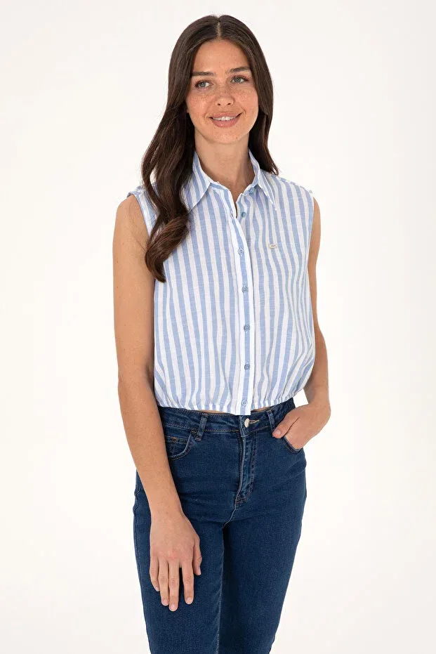 Женская рубашка с коротким рукавом хлопковая U.S. Polo Assn., Blue — фото 3