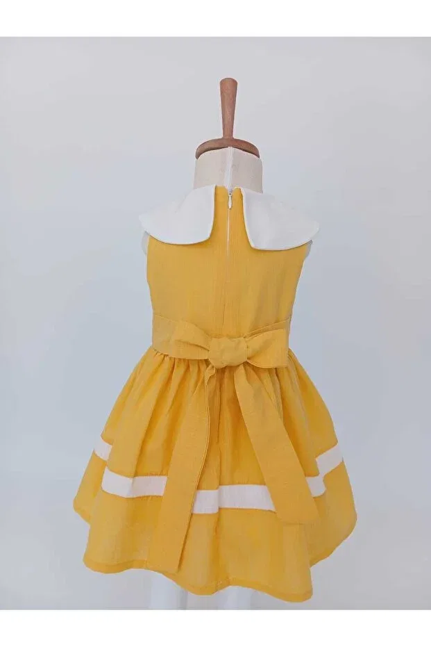 Детское платье для девочек с принтом Embroidered collar bow detailed belted girl's dress Baby, Sarı — фото 3