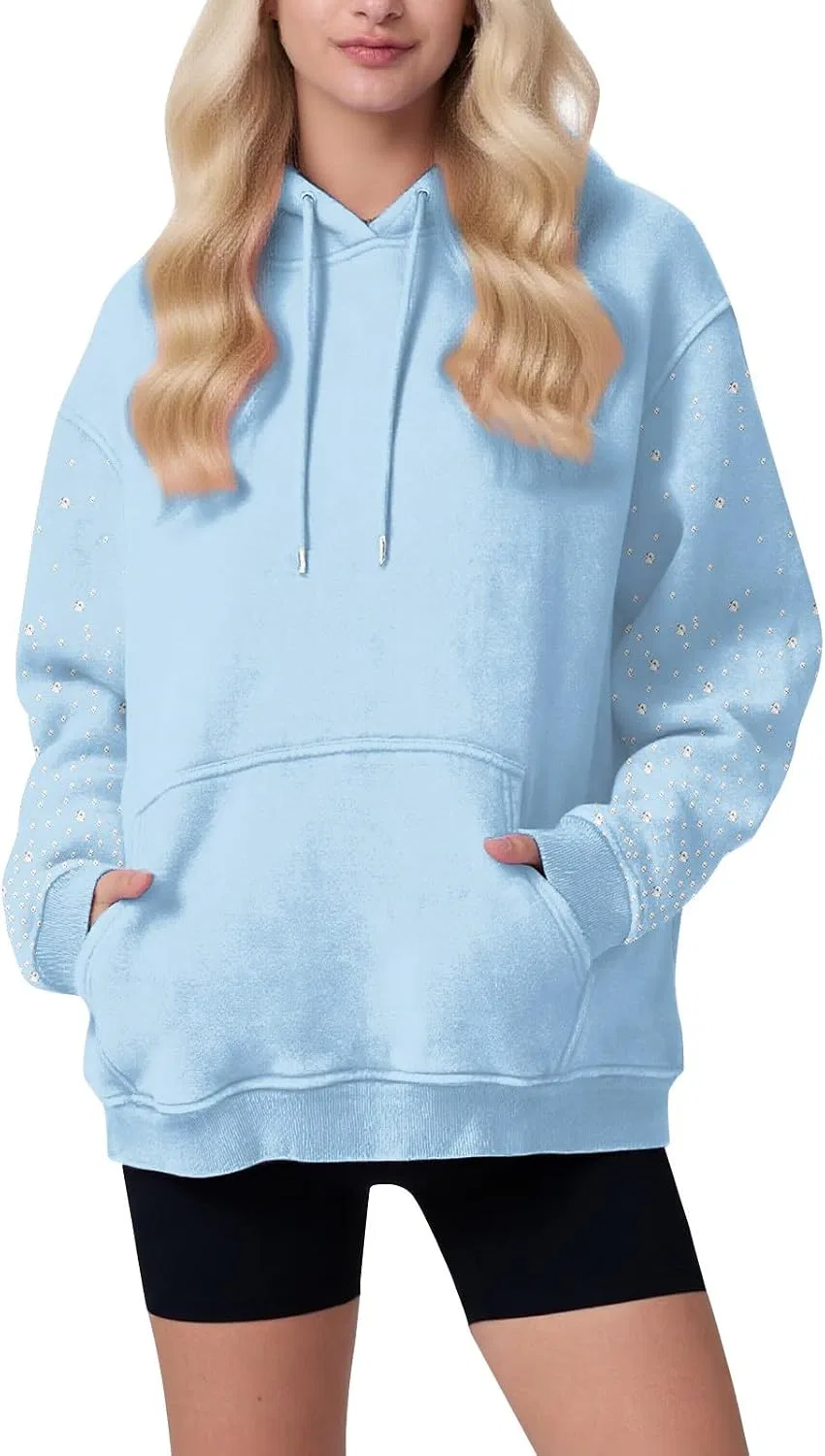 Женское худи с блестками и стразами, с длинным рукавом, Oversized, Y2K, голубой — фото 3