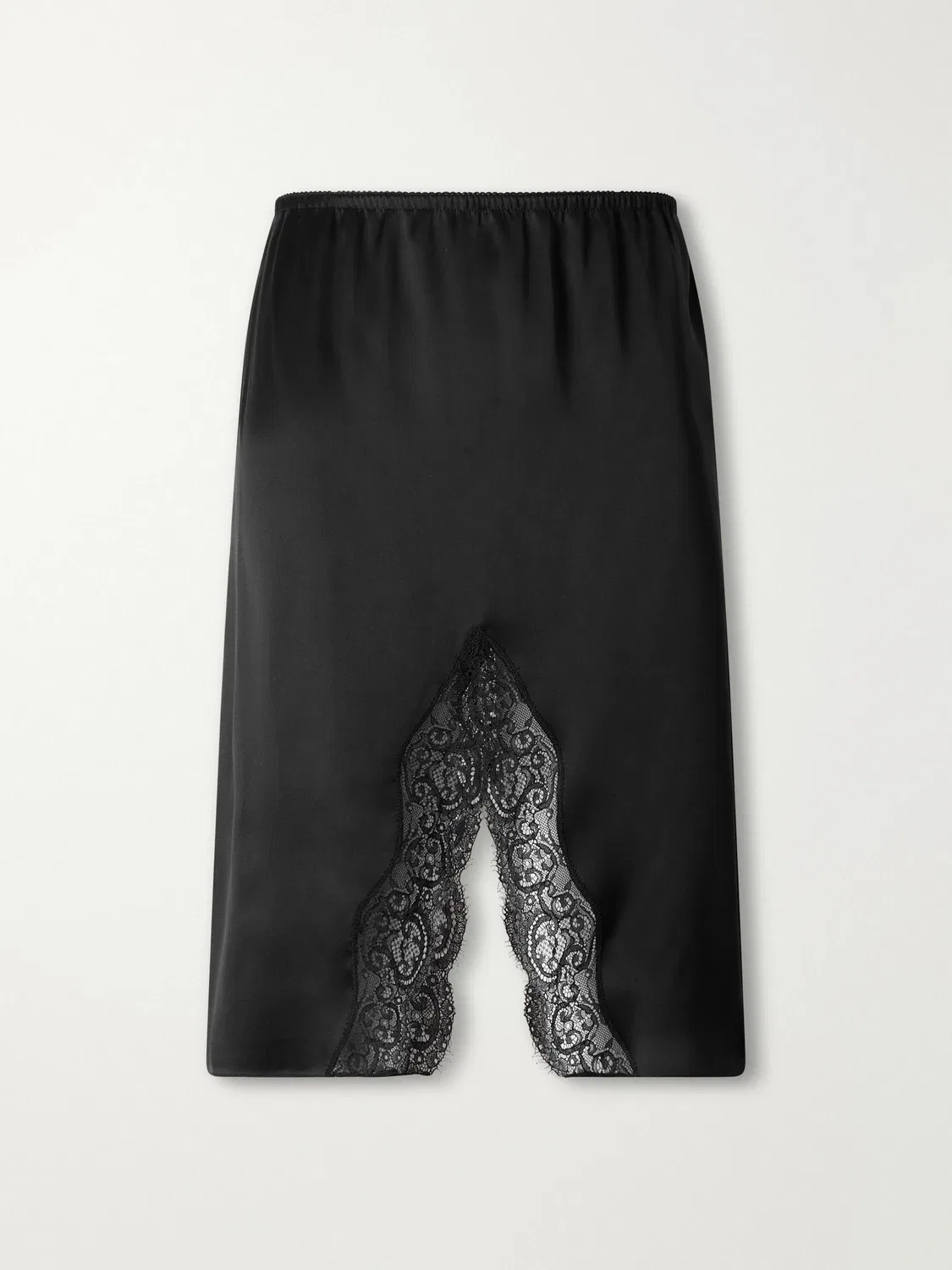 Миди-юбка из шелкового атласа с кружевной отделкой SAINT LAURENT, черный