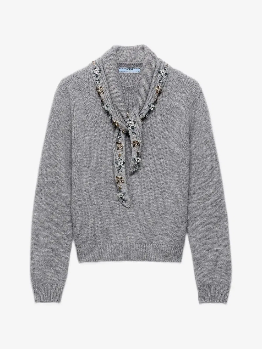 Кашемировый свитер с круглым вырезом и шарфом Prada, серый