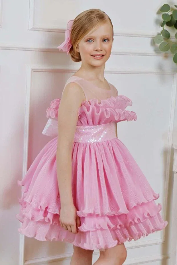 Детское вечернее платье для девочек с пайетками Girl'S transparent straps round neckline sequin belted skirt layered tulle fluffy pink evening dress Riccotarz, Pink — фото 4