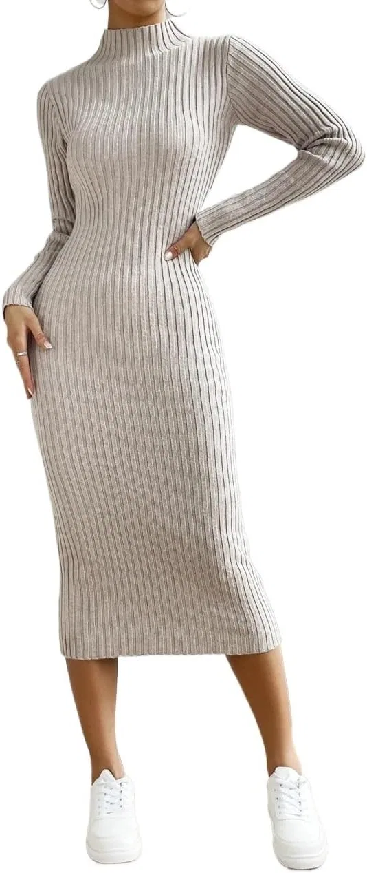 Женское платье миди с воротником-стойкой Rib-Knit, Khaki