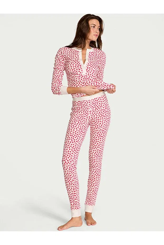 Женский комплект пижам с длинным рукавом Henley Thermal Long Pajama Set Victoria'S Secret, Red And White Heart