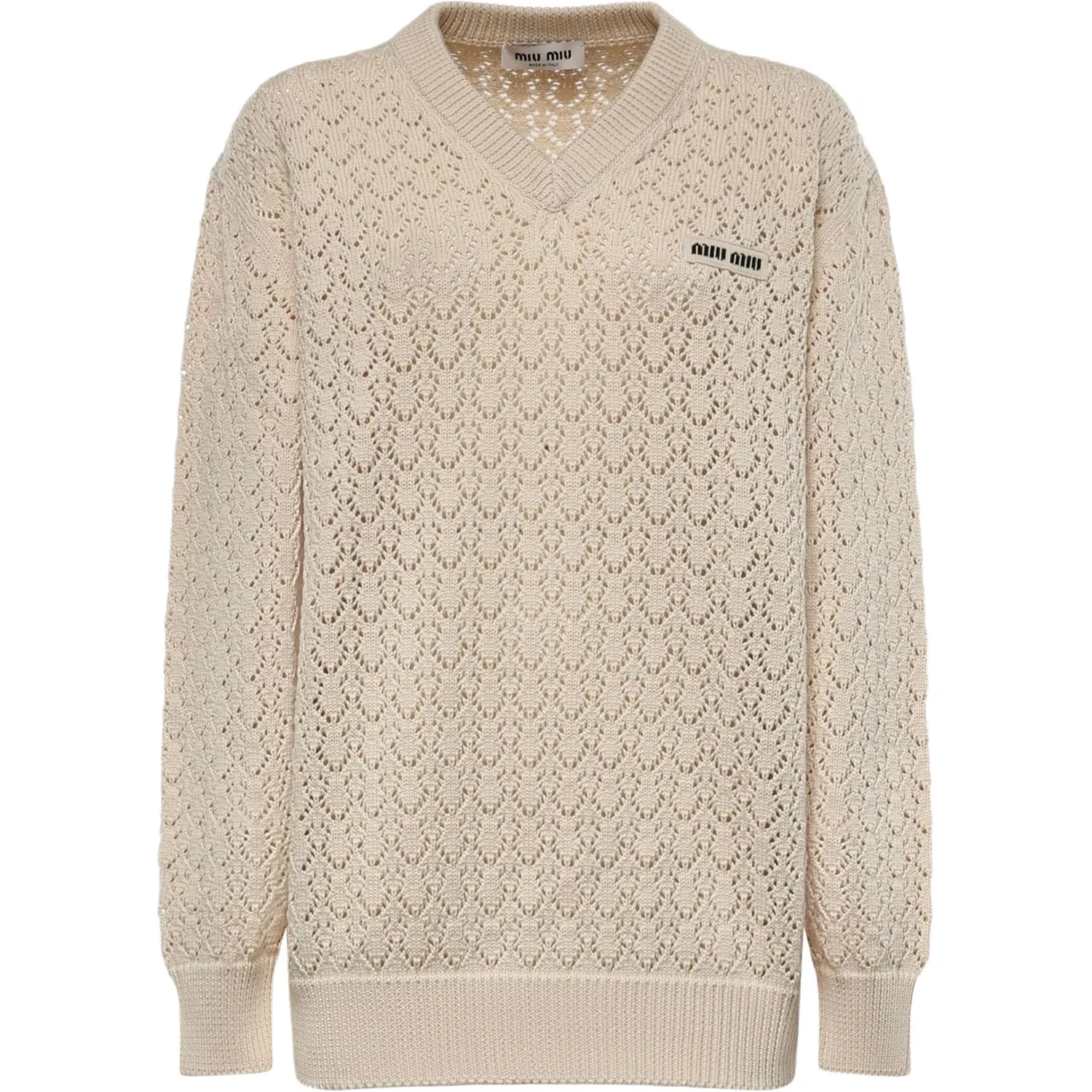 Женский вязаный джемпер с V-образным вырезом, свободного кроя, Ivory White, MIU MIU