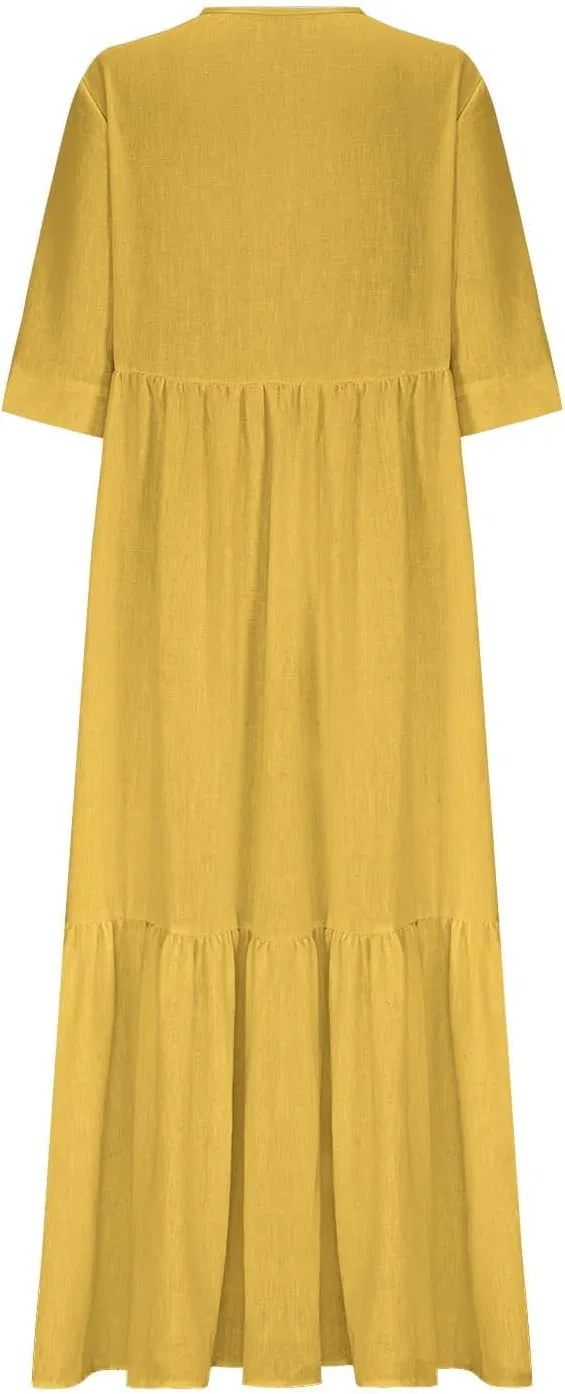 Женское макси-платье с V-образным вырезом и 3/4 рукавами, Yellow — фото 3