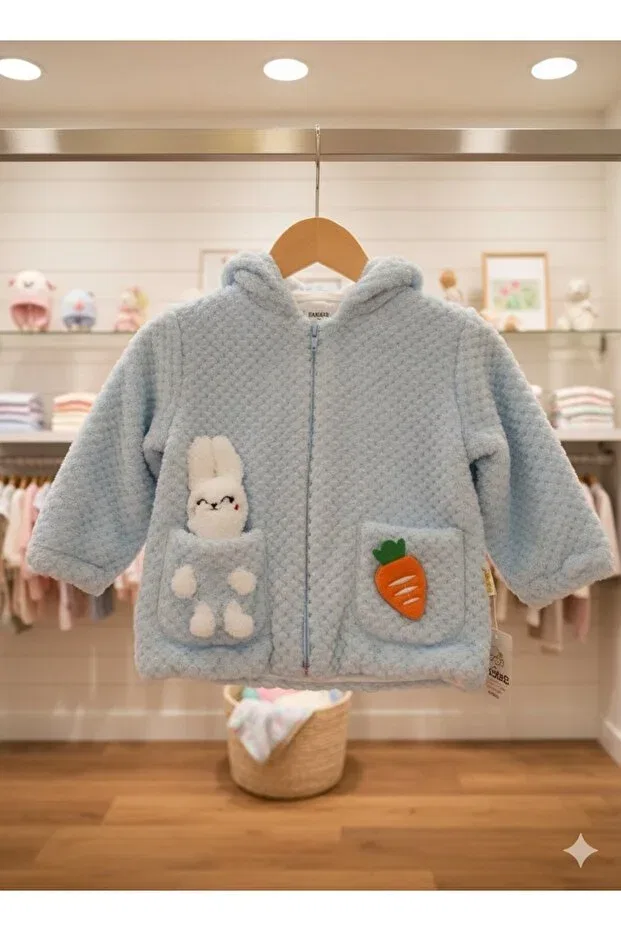 Детское пальто с принтом Soft plush hooded blue unisex children's coat with rabbit pocket toy Jasminya, Blue