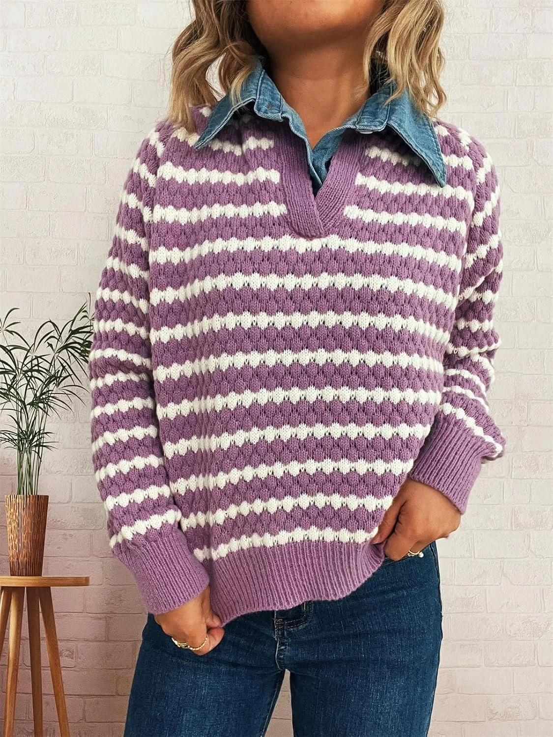 Женский свитер-пуловер с V-образным вырезом и отложным воротником, Vintage Cable Knitted — фото 3