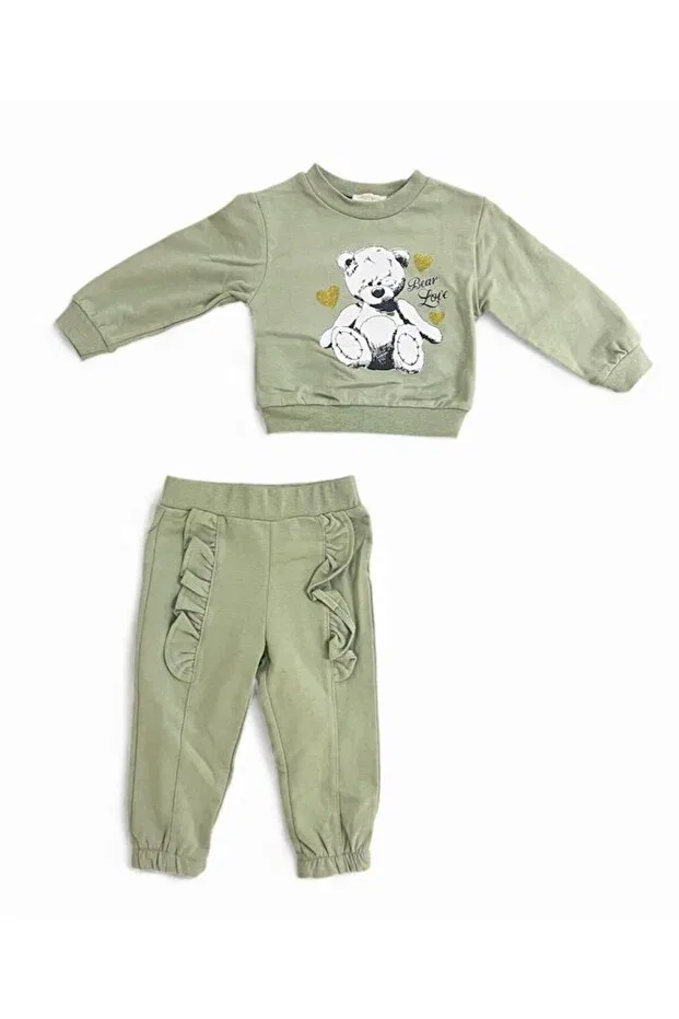 Детский комплект спортивного костюма для девочек с принтом Bear Printed Ruffle Detail Gocoland, Green