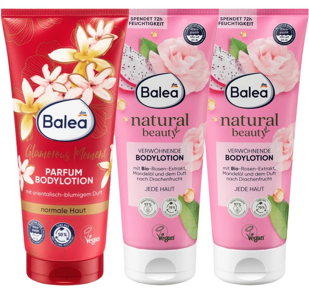 Набор лосьонов для тела Balea: Glamorous Moment 200 мл + Natural Beauty Rose & Dragon Fruit 200 мл x2, 600 мл