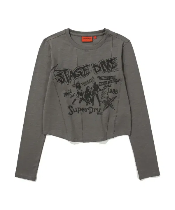 Футболка с защипами, кроп, длинный рукав, Superdry, темно-серый