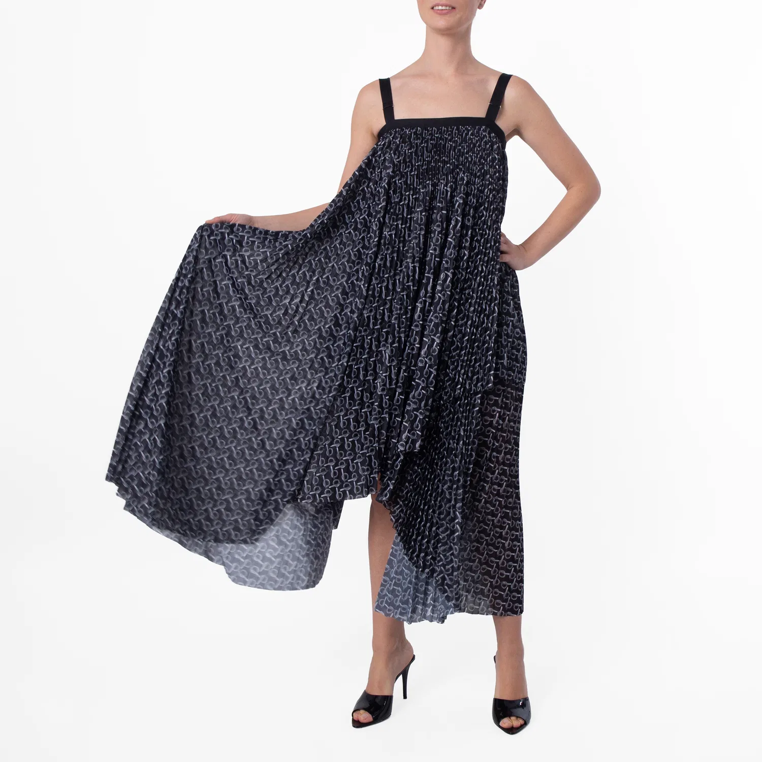 Платье-миди с плиссе и принтом Pleated Chain Print Dress Burberry, Silver/Black — фото 4