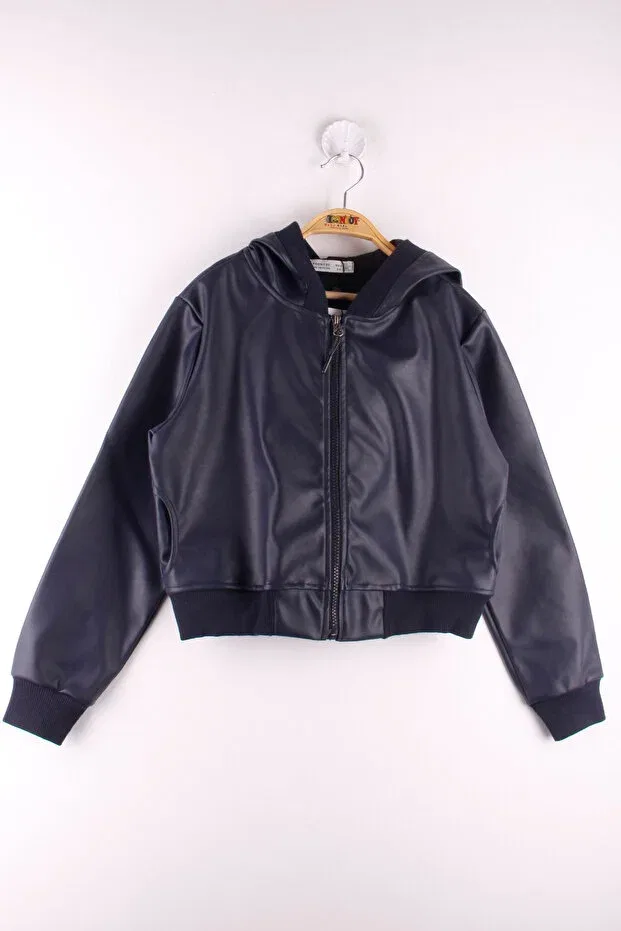Детское пальто для девочек с капюшоном из искусственной кожи Toontoy, Navy Blue