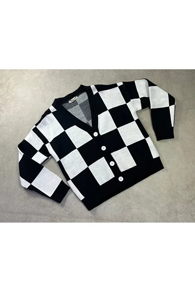 Детский вязаный кардиган с шахматным узором V-образным вырезом Minimoda Kids, Black — фото 4