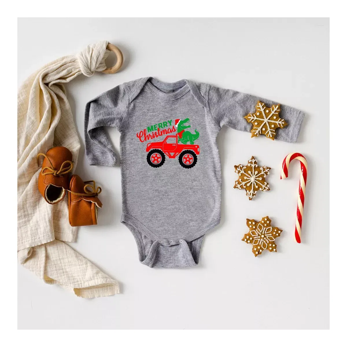 Детское боди с длинным рукавом Christmas Dino Truck The Juniper Shop, Heather Grey — фото 2