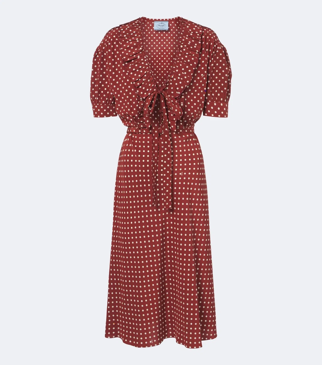 Платье миди из шелка с оборками Prada, коричневый