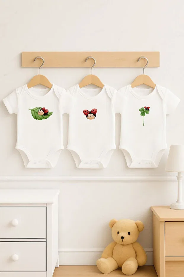 Детское боди с коротким рукавом с принтом божьей коровки 3-предметный набор Bebe Wini, Ecru