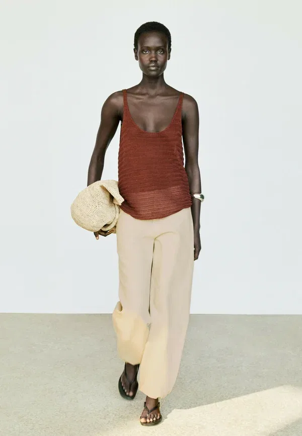 Топ с текстурным вязанием из льна, хлопка и полиамида, без спинки, Massimo Dutti, бордовый — фото 4