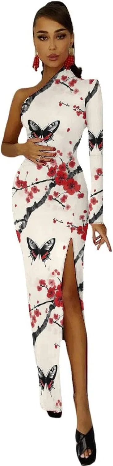 Женское коктейльное платье с одним плечом, длинным рукавом и разрезом, Bodycon, Style — фото 3