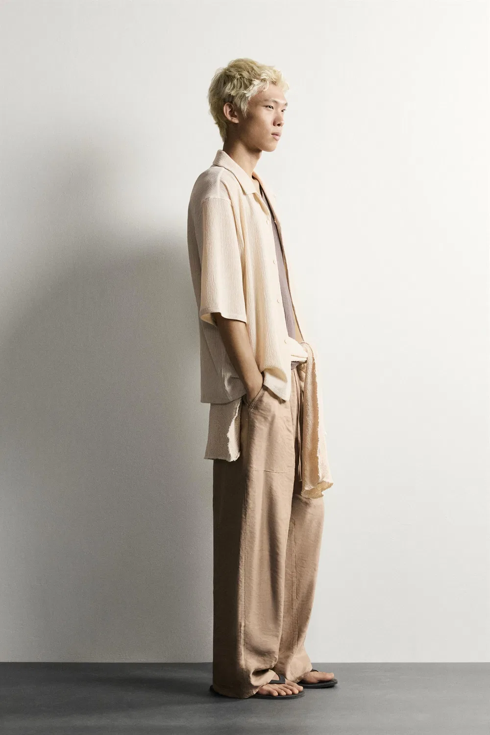 Текстурированная рубашка свободного кроя ZARA, Beige marl — фото 4