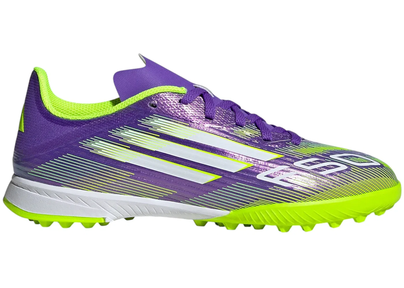 Детские бутсы футбольные с шипами Adidas F50 League TF, Purple Rush/Cloud White/Lucid Lemon