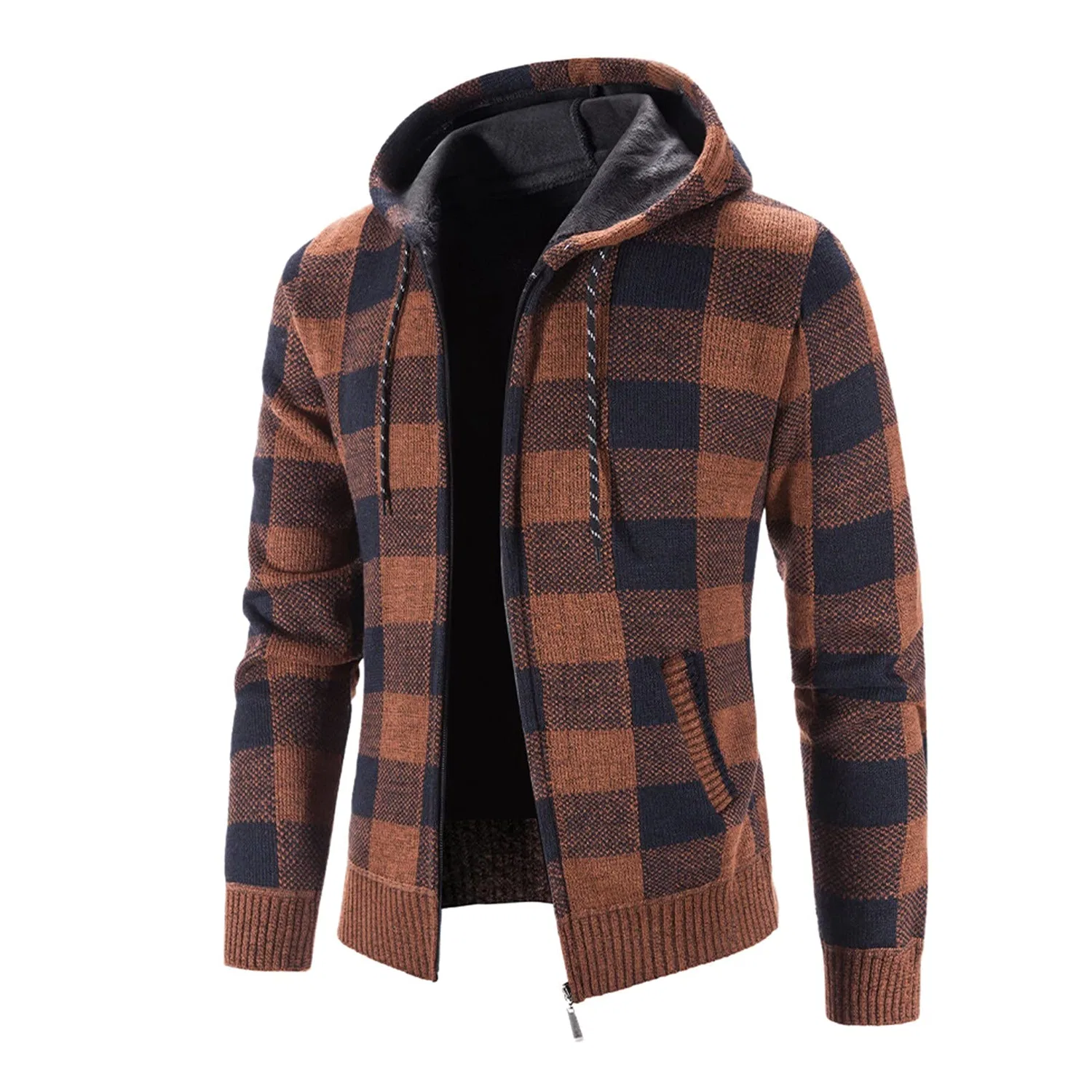 Мужской худи с флисовой подкладкой и капюшоном Winter Plaid Sweater, Brown — фото 2