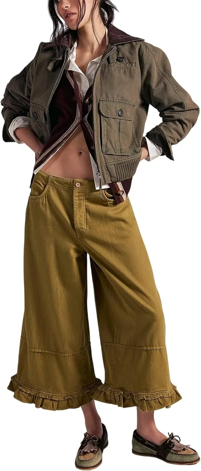 Женские джинсы с воланами по низу, wide leg, Ruffle Bloomer, зелёный
