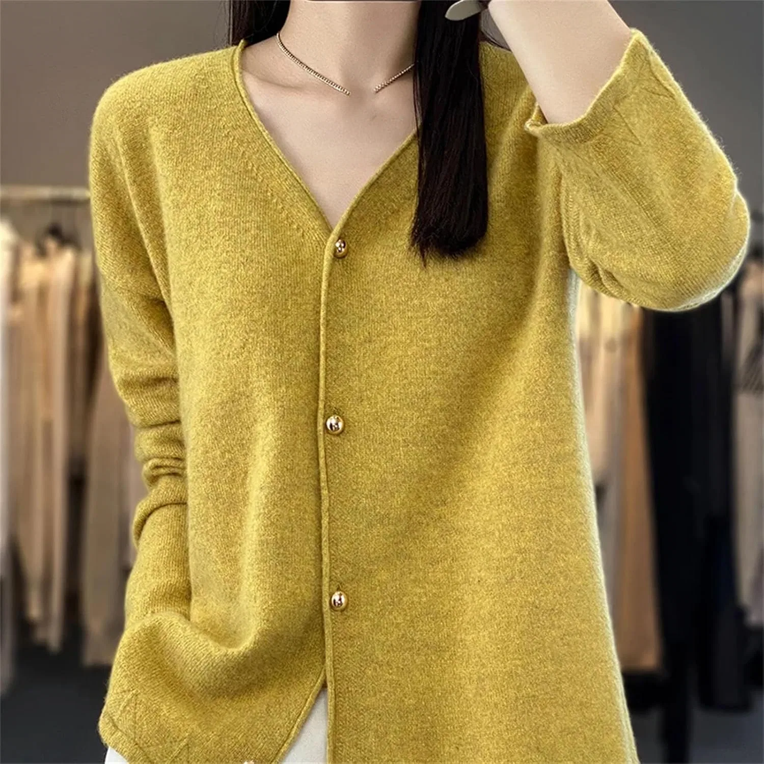 Женский кардиган с V-образным вырезом, с длинным рукавом, модель Spring, Hua Yellow — фото 4