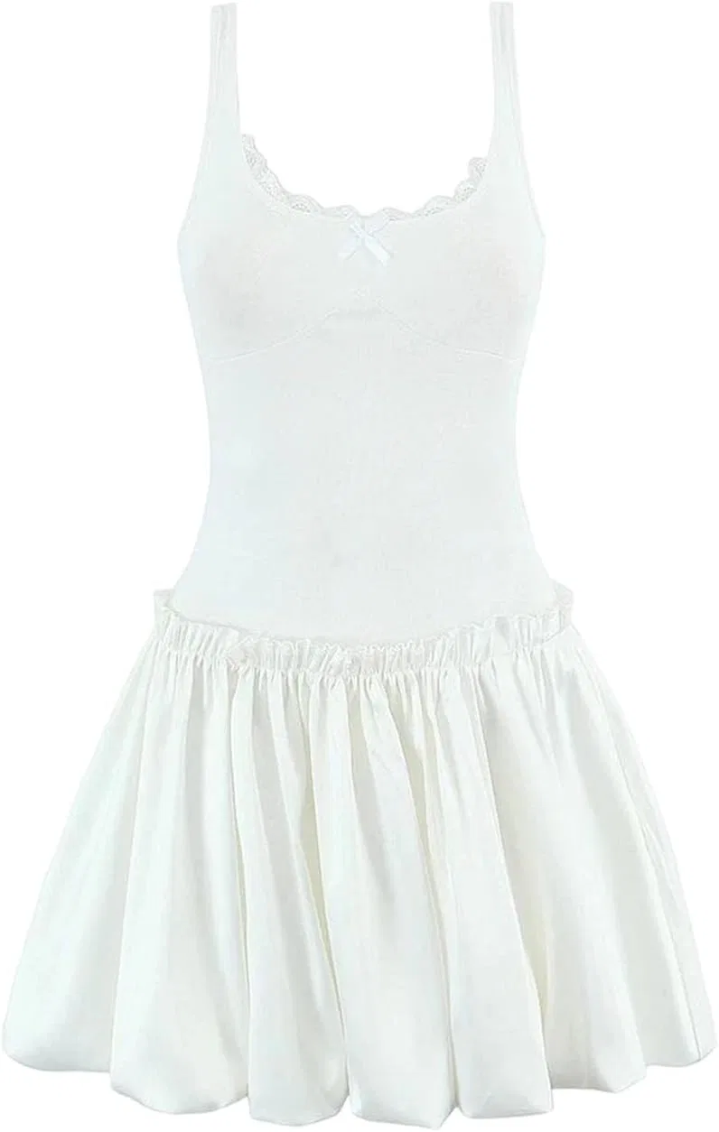 Женское мини-платье с кружевными вставками и бантом French Square Collar, D