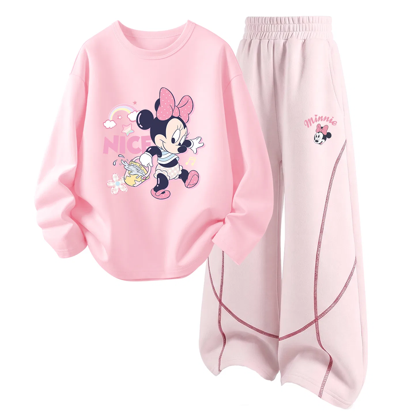 Детский комплект спортивной одежды с круглым вырезом, дышащий, Disney, Di Chai Shui Light Pink+Di Tiao Yan K Cherry Blossom Pink