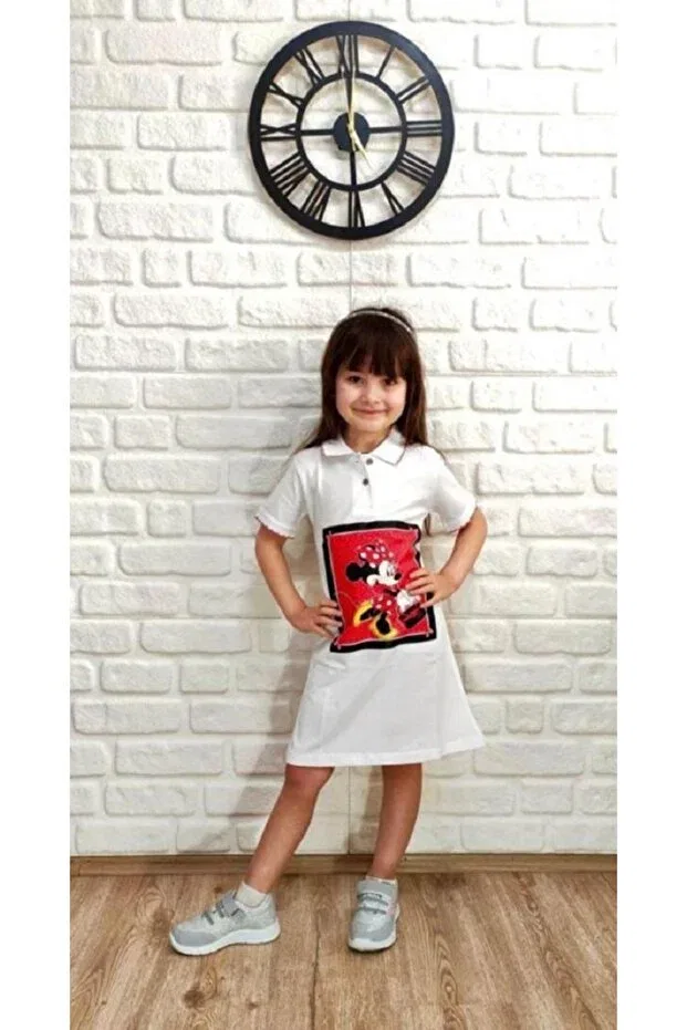 Детское платье для девочек с принтом Minnie Mouse Printed Polo Collar Lacost Fabric Girl's Dress Sparrow Laurel, White
