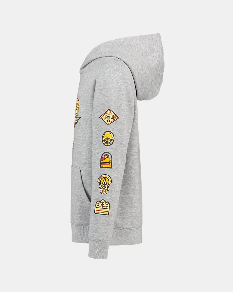 Худи детское из мягкого хлопкового флиса с капюшоном UA Camp Patches UnderArmour, Mod Gray/Pale Lemon — фото 4