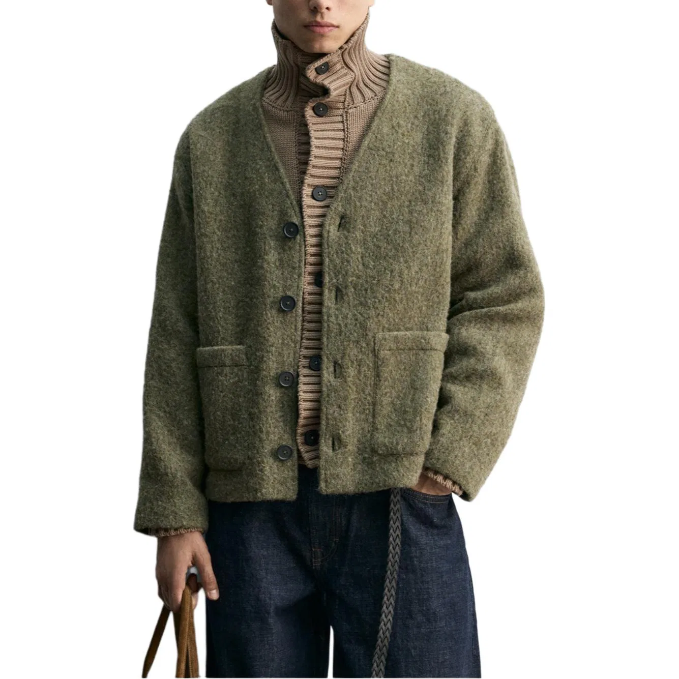 Мужской кардиган с принтом зебра V-образным вырезом Zebra Print Green ZARA, Zebra Print Green — фото 4