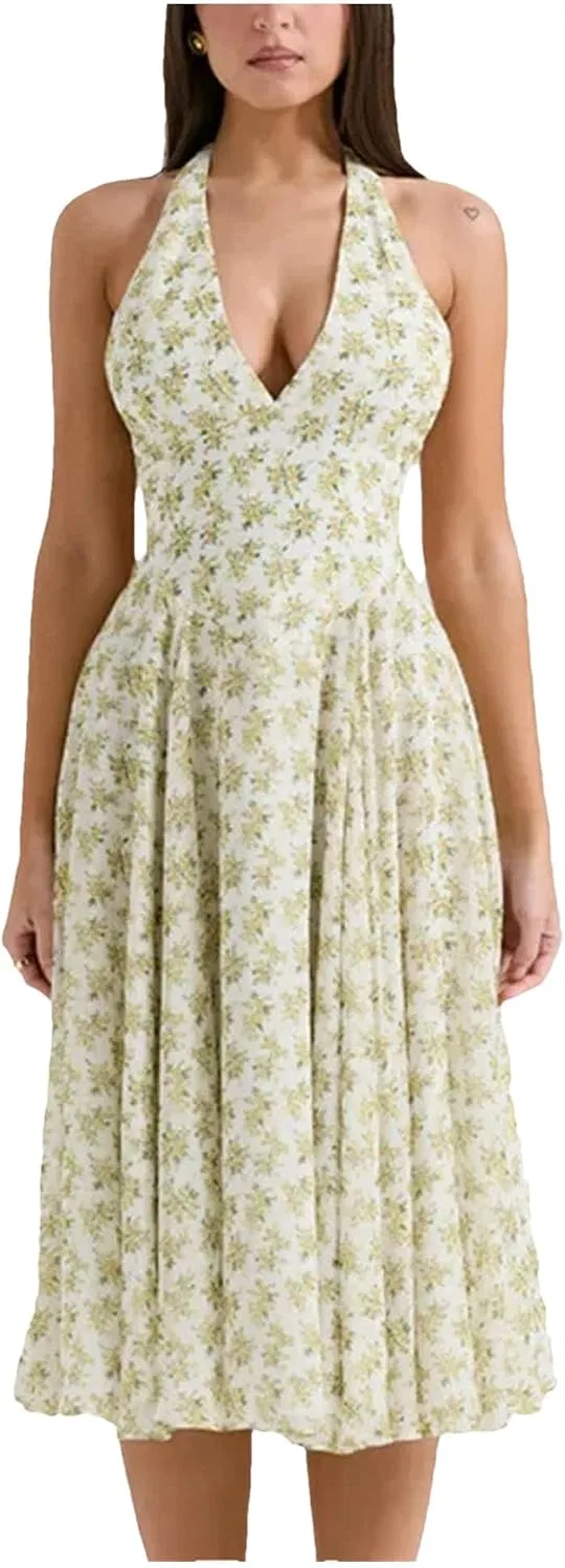 Женское платье с принтом без спинки A-силуэта, Light Yellow