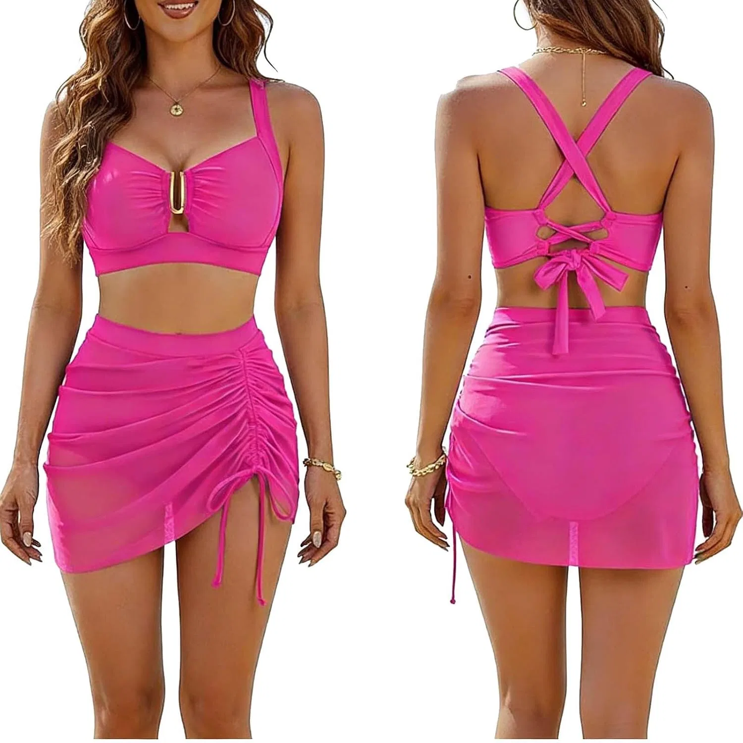 Женский танкини с эффектом утяжки Pleated Front, Hot Pink — фото 3
