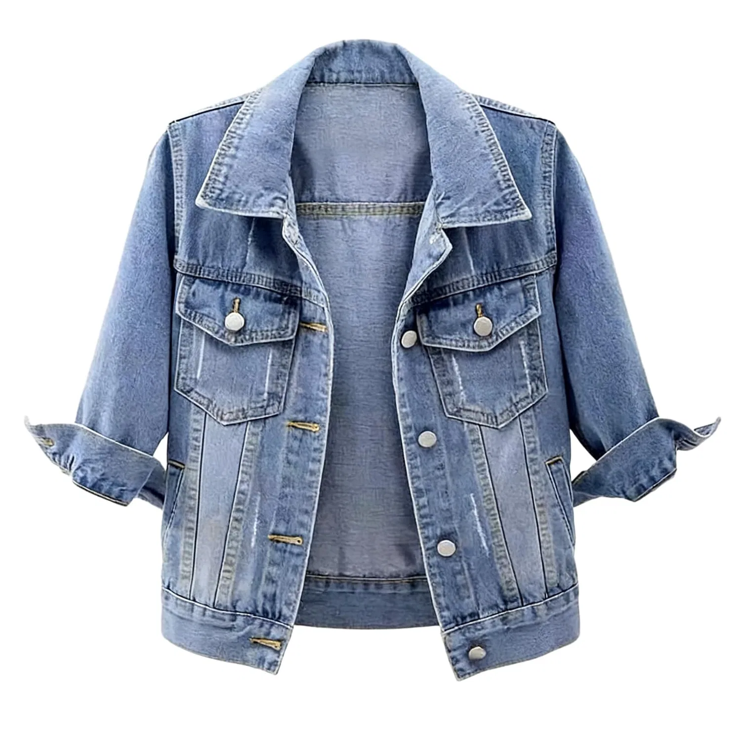 Женское пальто с принтом Button Down 3/4 manica corta giacche di jeans ritagliate con tasche, risvolto giacche colorate taglie forti, Azzurro