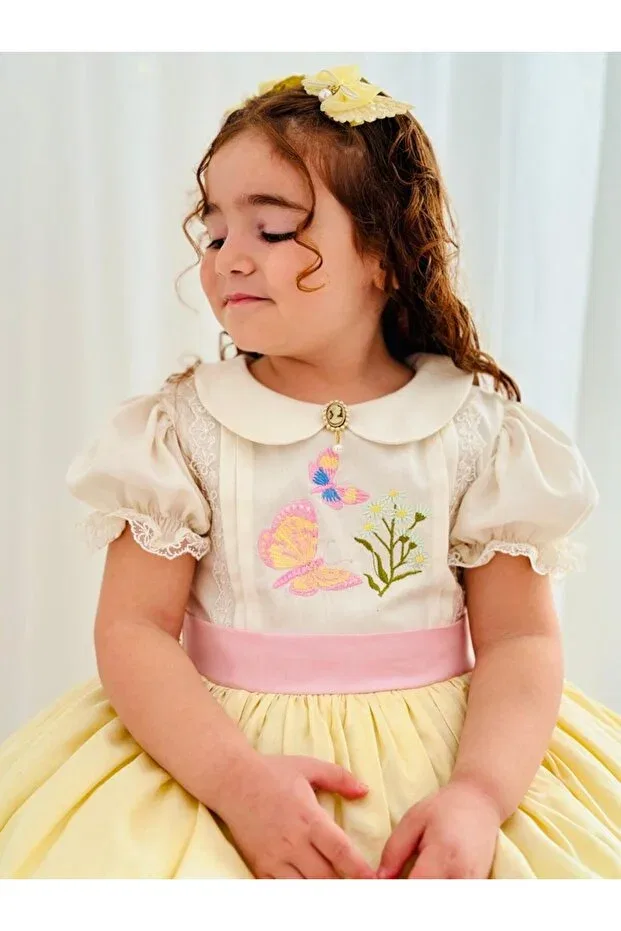 Детское платье для девочек с кружевом Vintage baby girl dress with yellow embroidery, birthday, photo shoot dress Linarookids, Sarı — фото 3