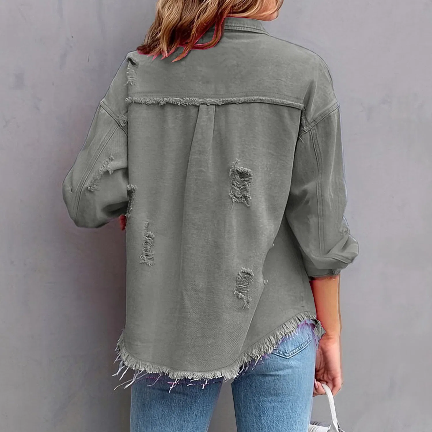 Женская джинсовая куртка oversize с длинным рукавом, модель shacket, Grigio chiaro — фото 2