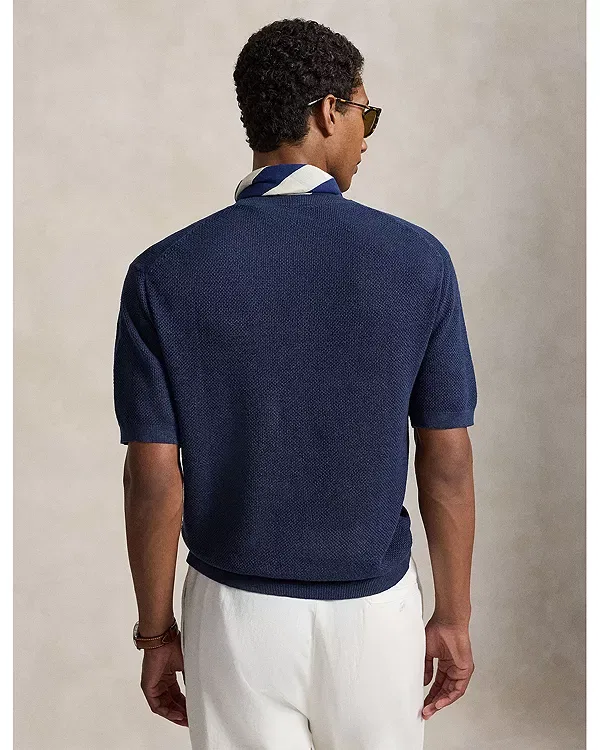 Мужской свитер из льна с воротником-поло Polo Ralph Lauren, темно-синий — фото 3