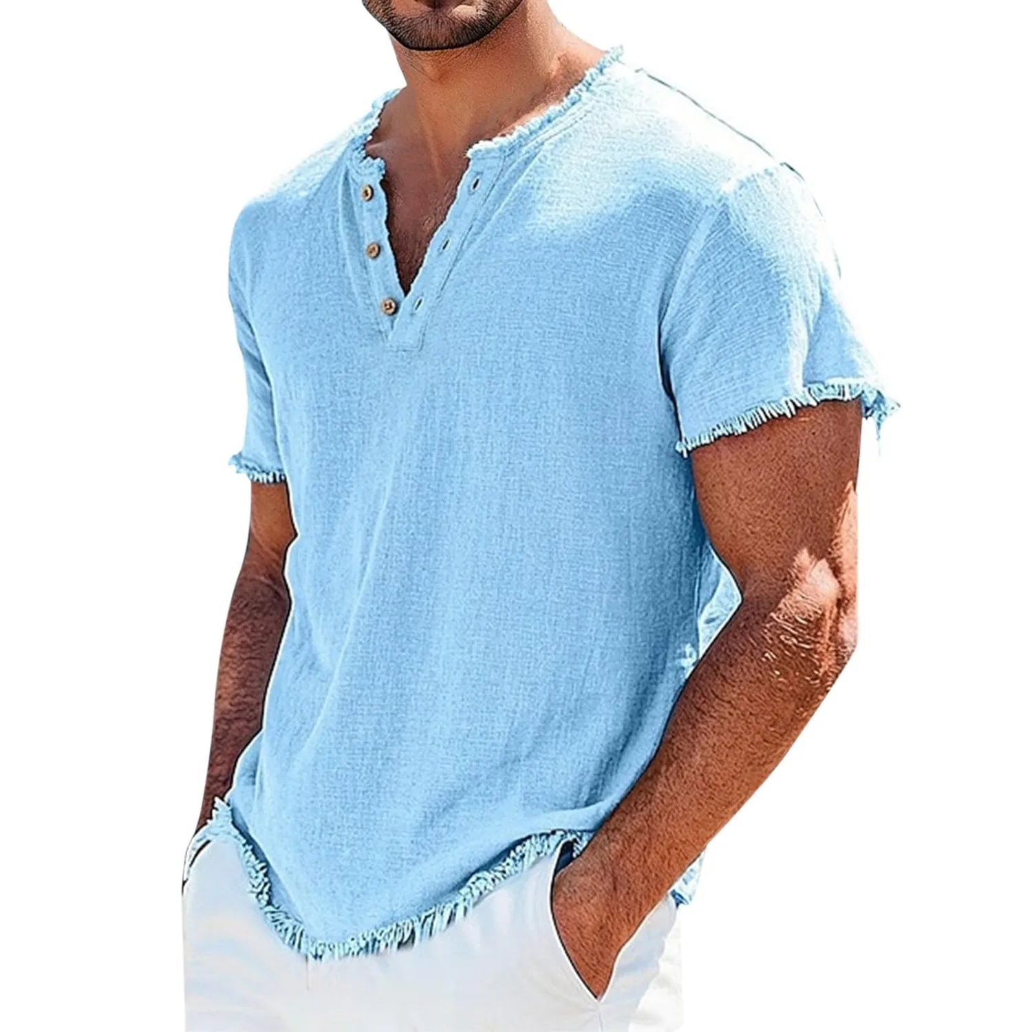 Мужская хлопковая футболка с v-образным вырезом Vintage Frayed Button Down, Light Blue Shirts for Men