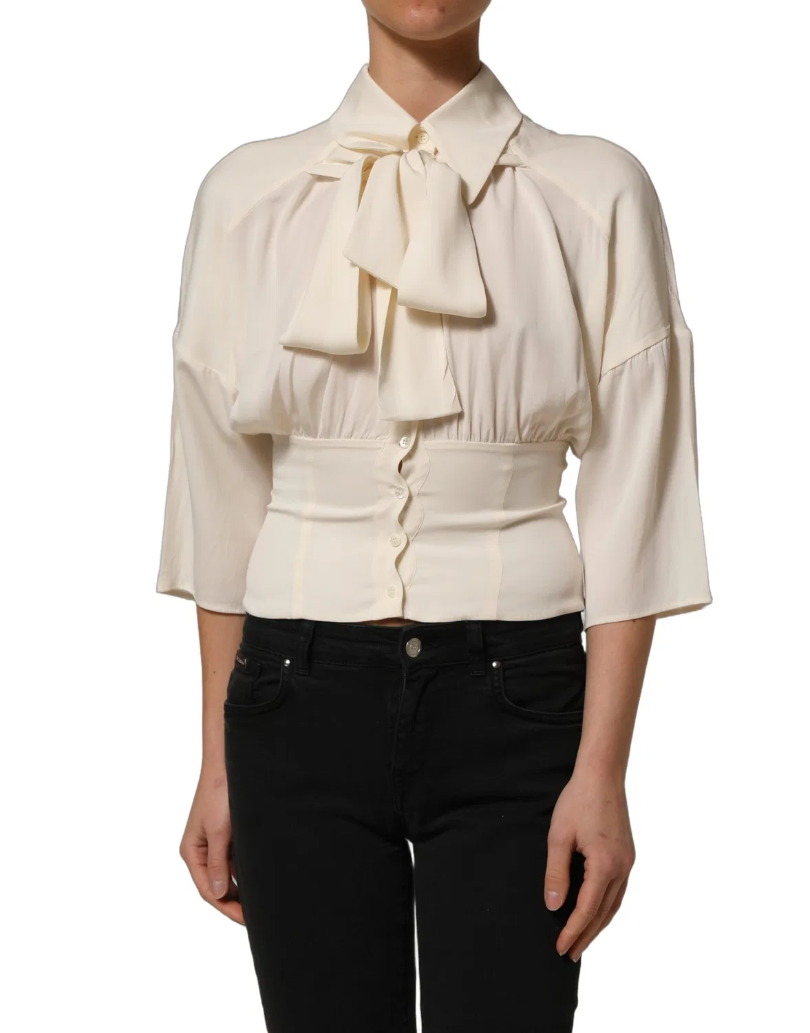 Женская блузка с бантовым воротником Off White Ascot Collar Long Sleeves Dolce & Gabbana, Off White — фото 3