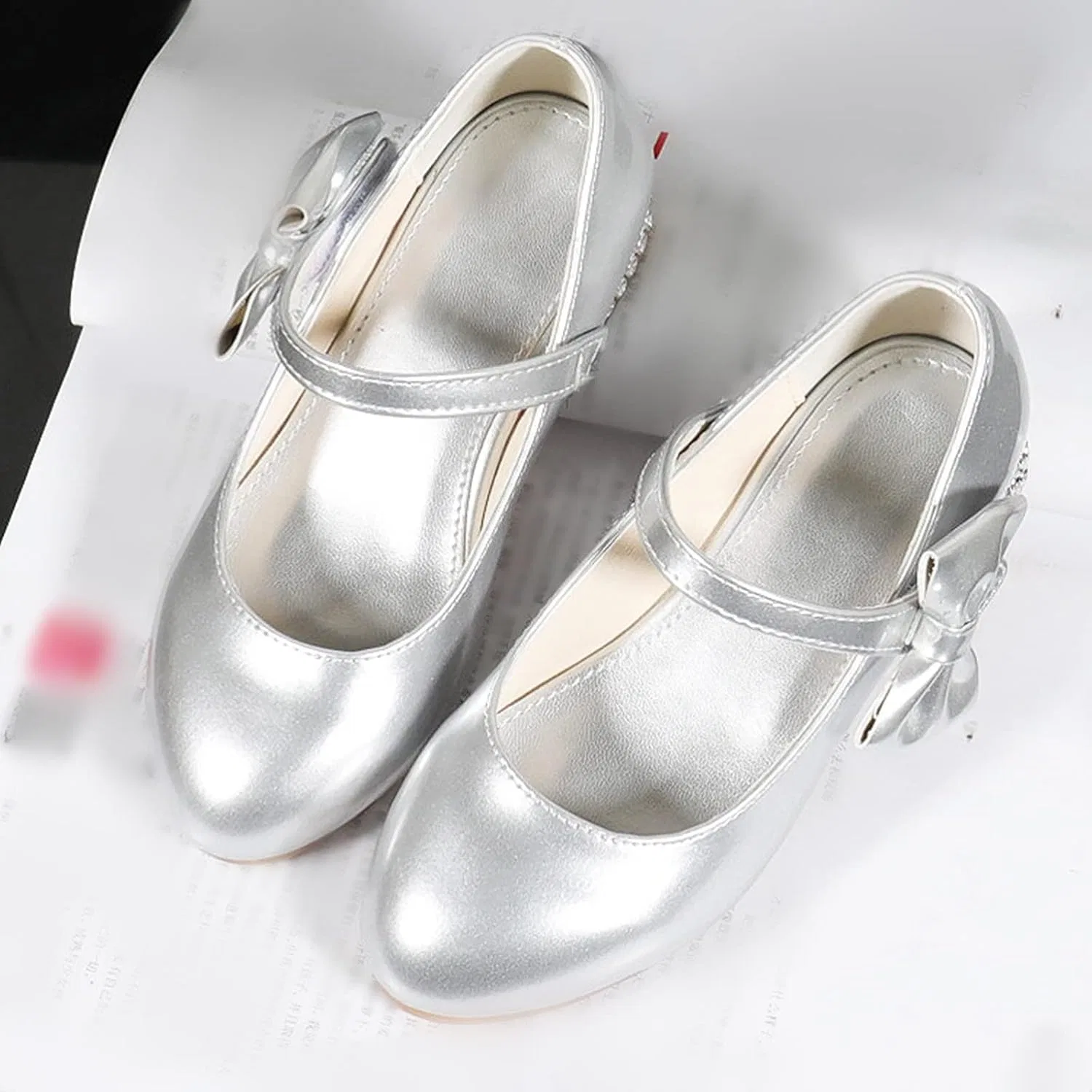 Детские туфли для девочек с бантом Mary Jane Flat Princess Wedding Party Bowknot Child Little/Big Kids School Low Heel Rhinestone Egmy, Silver — фото 4