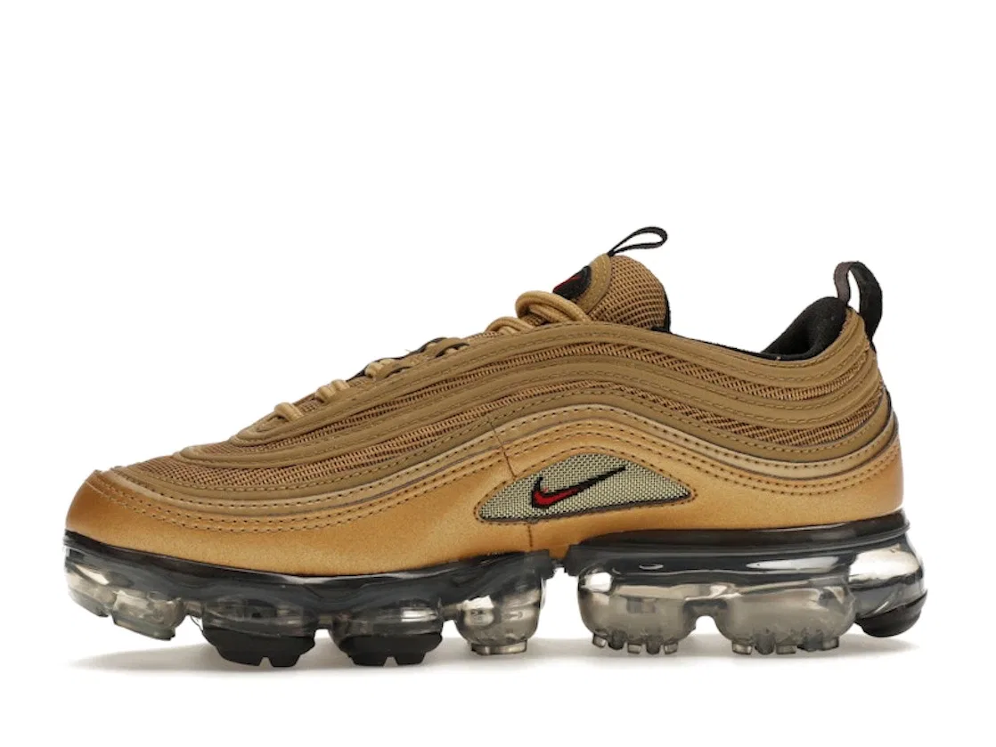 Детские кроссовки гибридные с металлическим верхом Nike Air VaporMax 97 Metallic Gold, Metallic Gold/Varsity Red-Black-White — фото 3