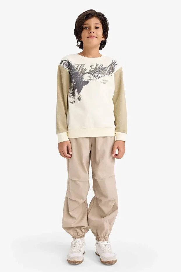 Детские свитшот для мальчиков с принтом Crew Neck Printed Soft Fleece Inside Defacto, Khaki — фото 2