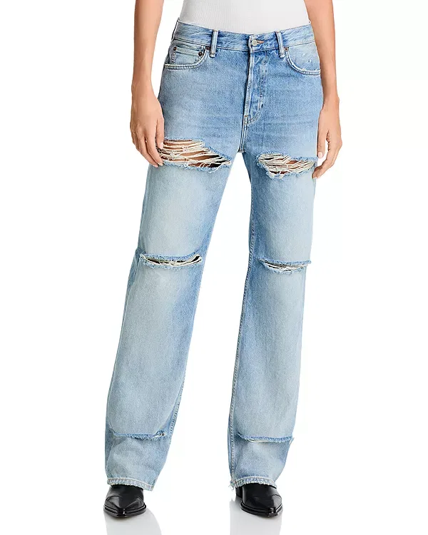 Женские прямые джинсы с потертостями Acne Studios, Light Blue
