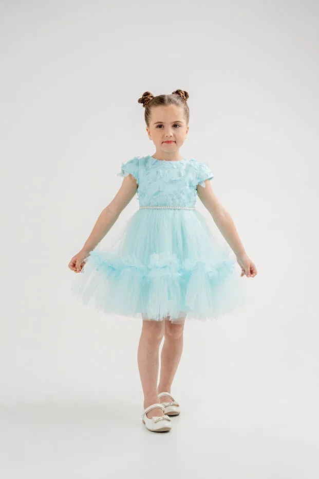 Детское вечернее платье с коротким рукавом Butterfly ruffled blue back bow detail tulle Eray Kids, Blue