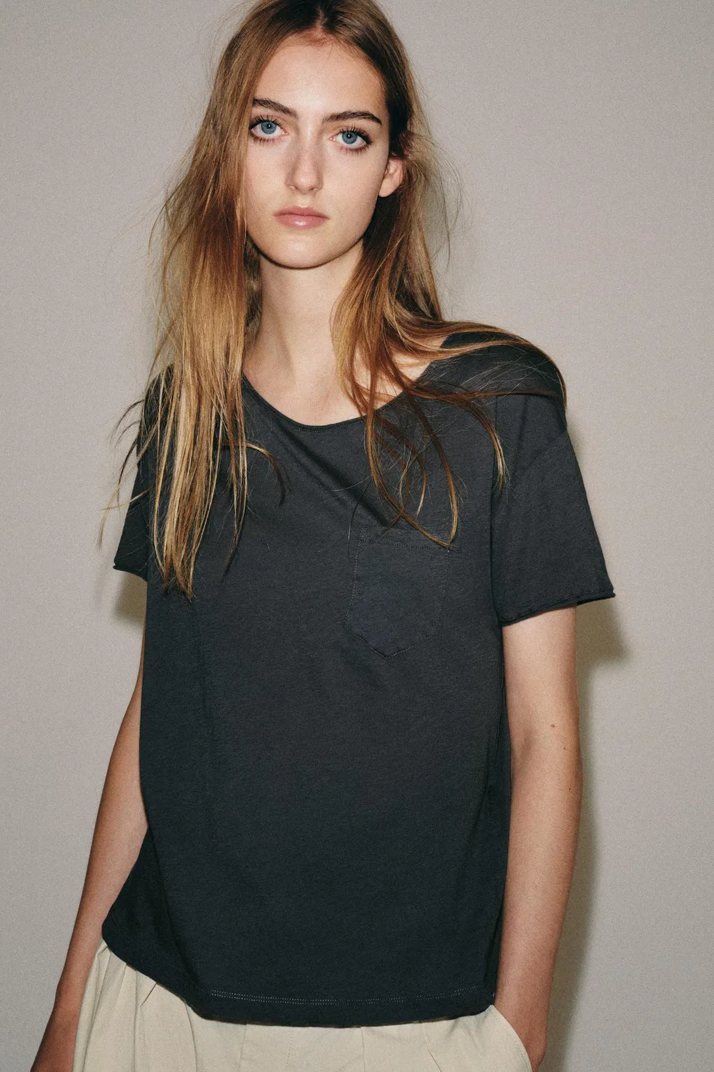Хлопковая футболка с карманом ZARA, Anthracite grey — фото 3