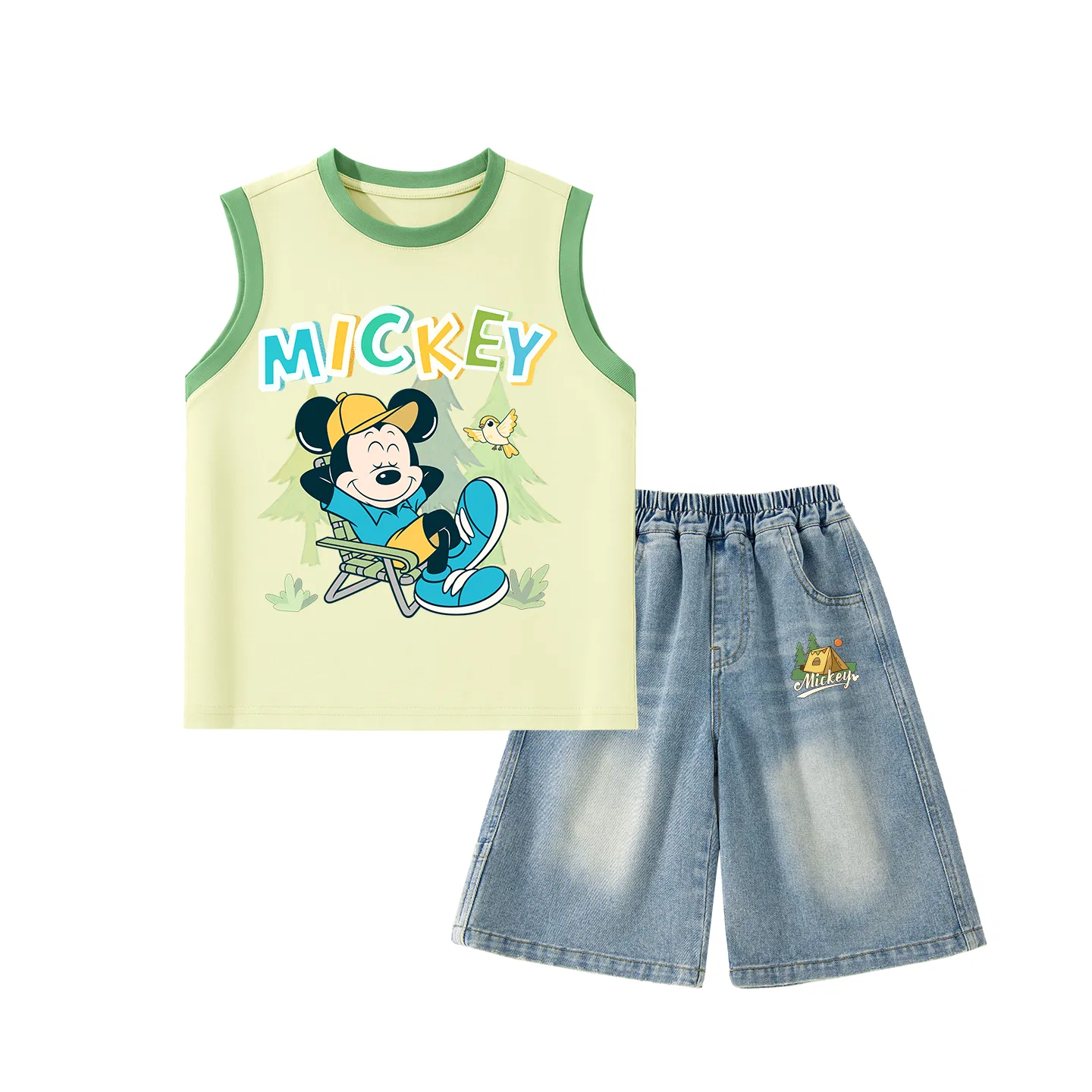 Детский спортивный костюм с круглым вырезом, Disney, Green Bird Tree Green Yellow+Denim Blue Tent K Denim Blue